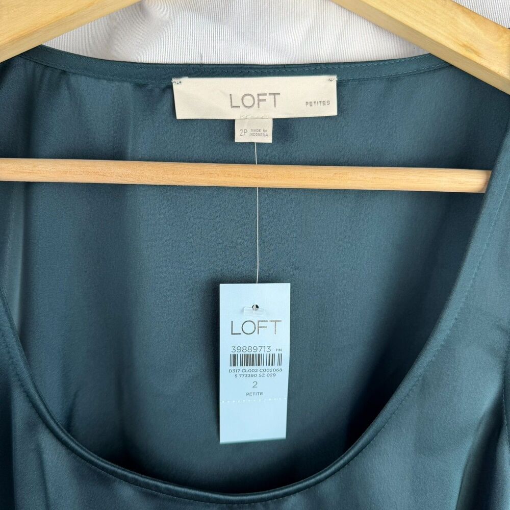 Loft NWT Green Satin Ruffle Mini Pocket Ponderosa Dress Size 2P - Picture 4 of 5